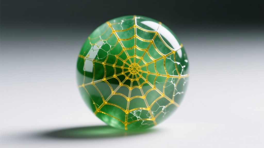 Macro view of a jadeite bead surface showing a spiderweb polymer network under 10x magnification, indicating treated Type B jadeite