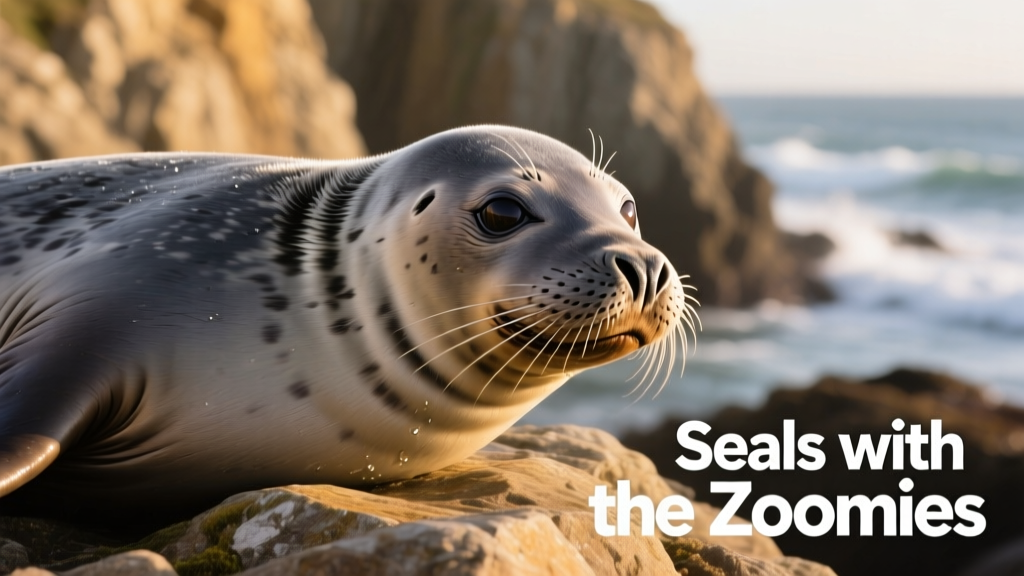 Close-up of a gray seal resting on a sun-warmed rock, nose slightly damp, eyes bright and alert