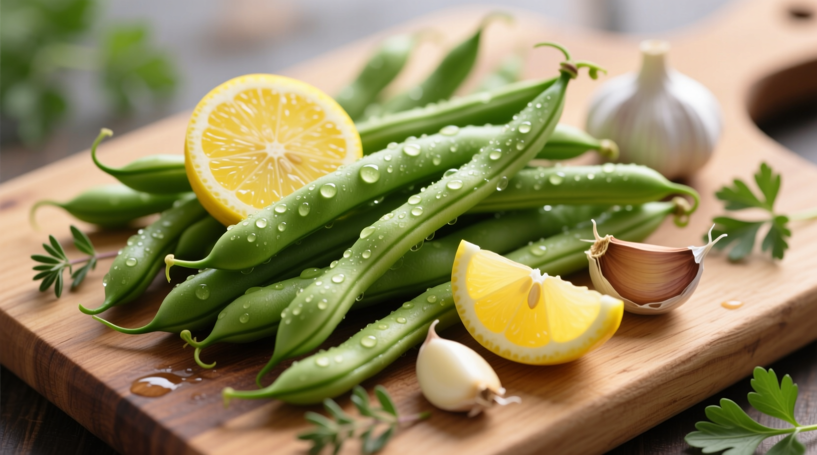 Crisp green beans with lemon slices and garlic cloves