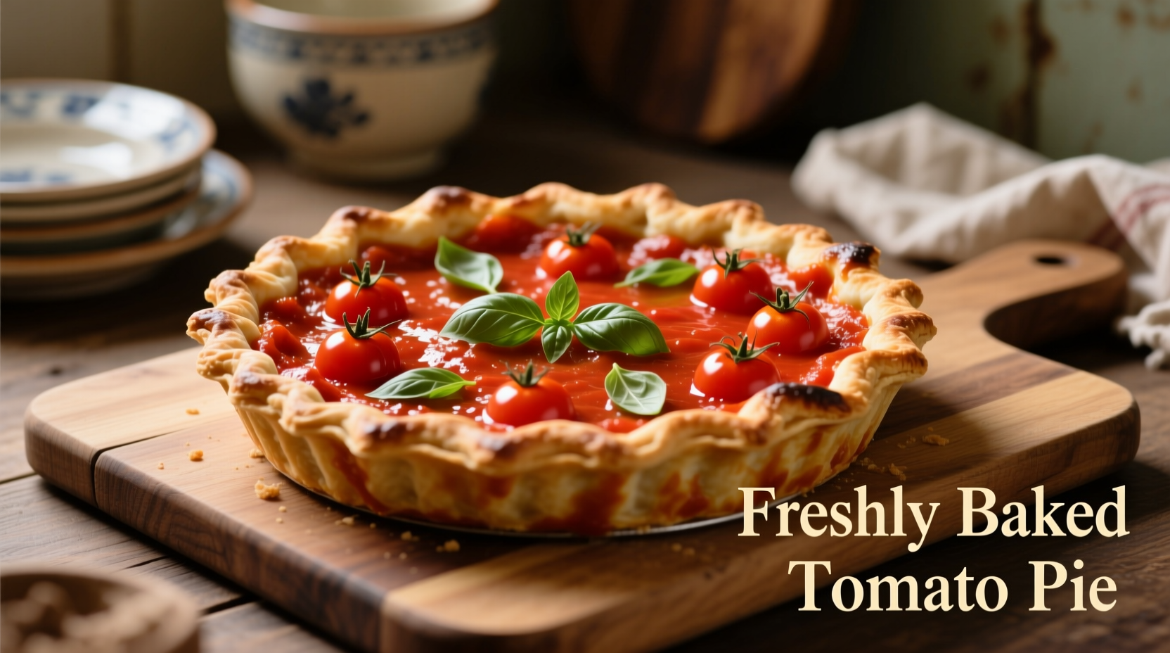 Freshly baked tomato pie with vibrant red sauce