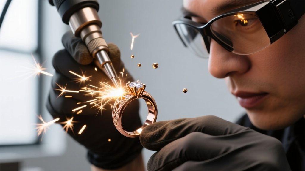 Jeweler using a laser welder to fix porosity on the inner shank of an 18k rose gold designer ring, with bright sparks visible