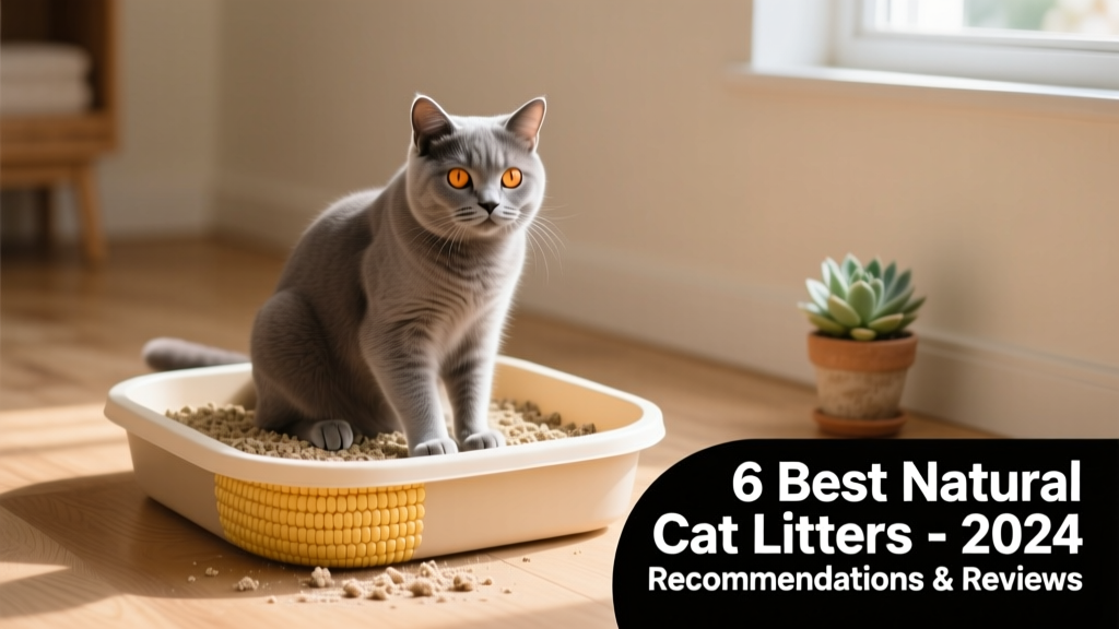 A cat comfortably using a litter box filled with light tan corn cob litter, with clean clumps visible and no visible dust cloud
