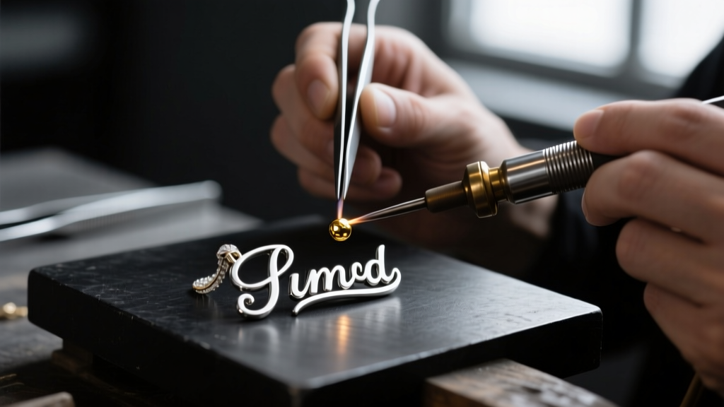 Jeweler soldering a tiny gold counterweight bead to the bottom edge of a silver script initial pendant on a dark workbench.