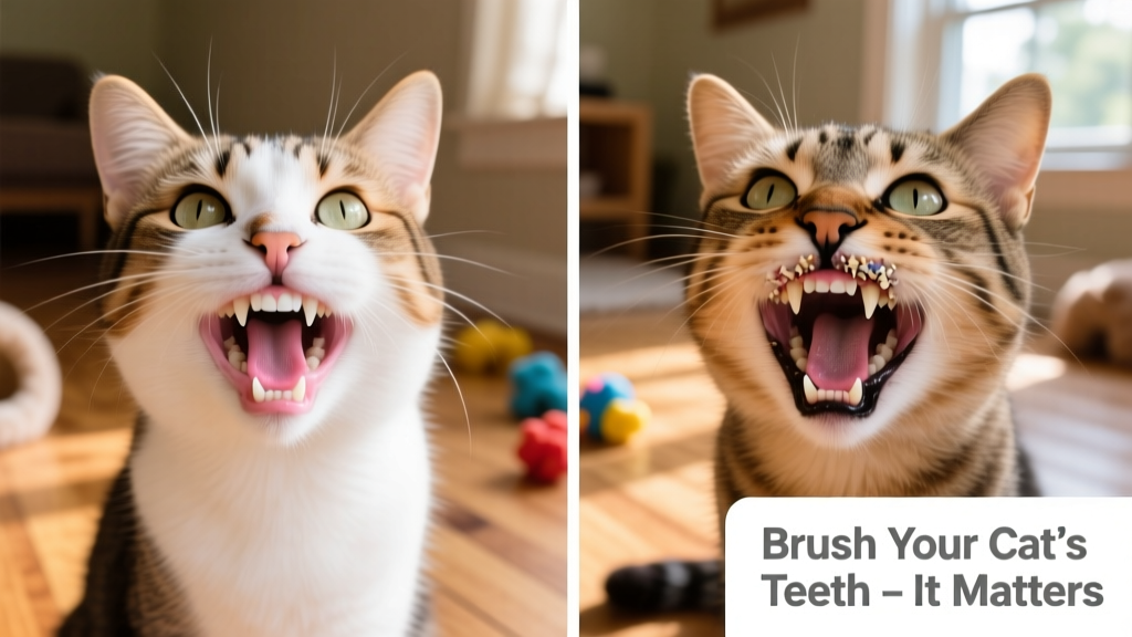 Side-by-side comparison: healthy cat teeth vs. teeth with visible tartar and gum recession