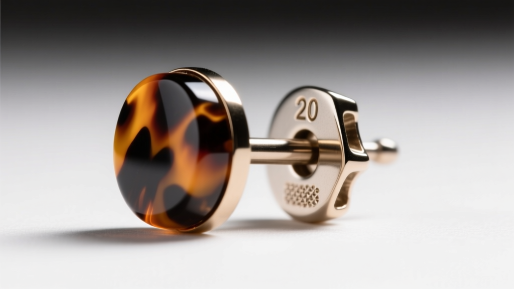 Close-up of a 20-gauge titanium earring post attached to a polished tortoiseshell acetate stud with a secure friction backing.