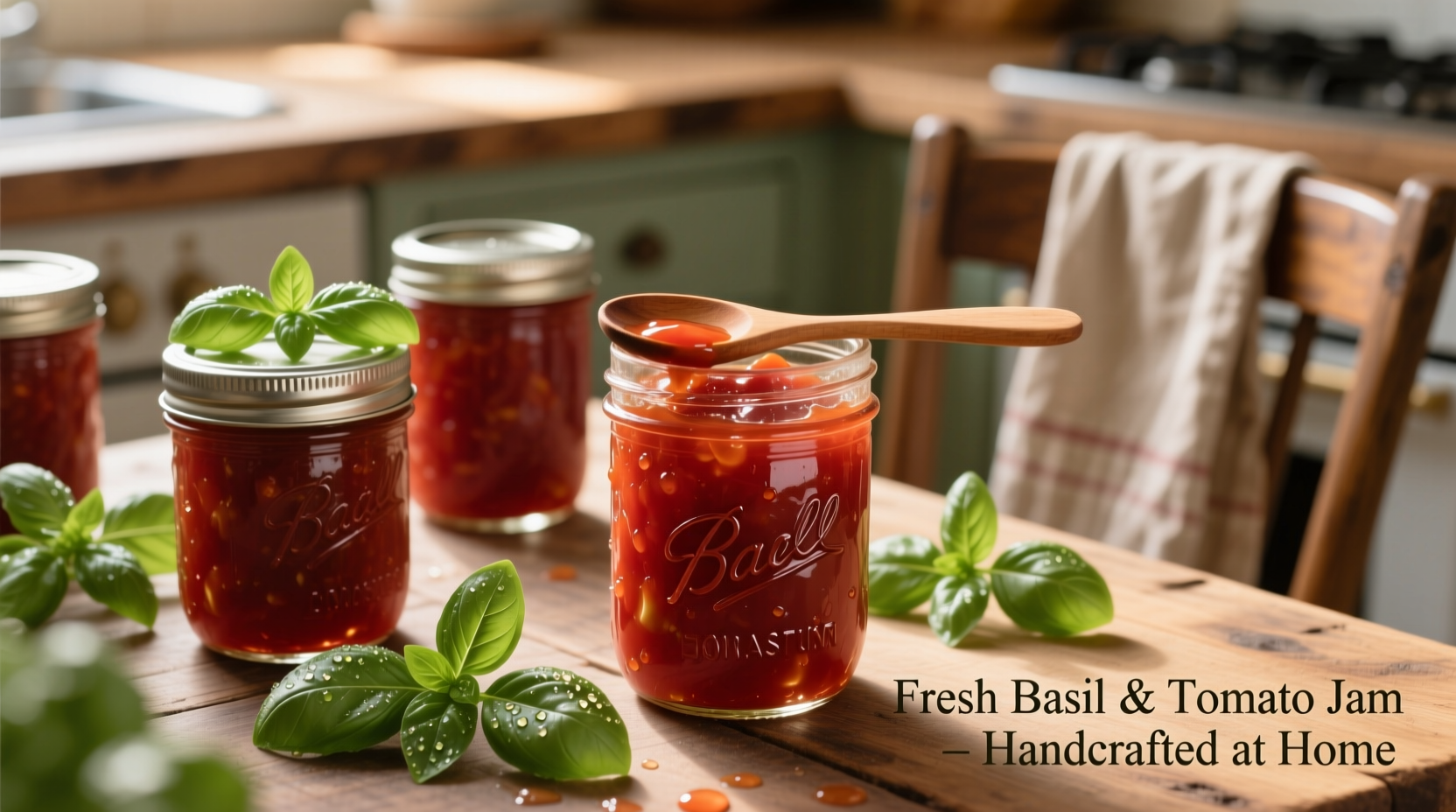 Homemade tomato jam in mason jars with fresh basil