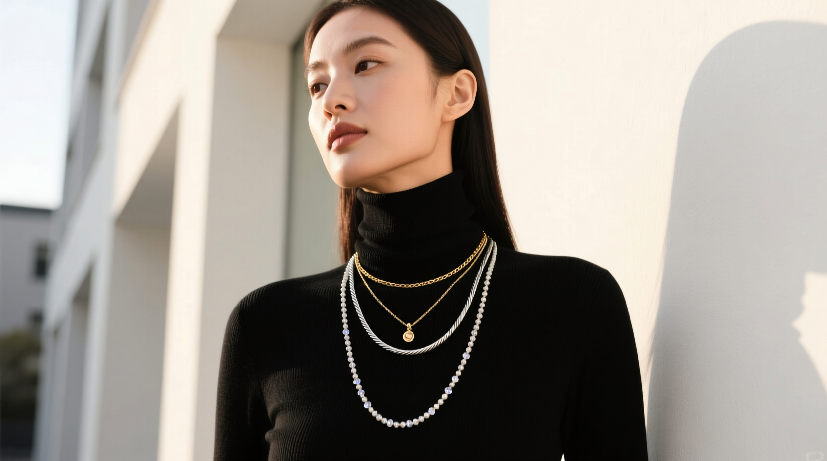 how to style layered necklaces with a turtleneck without bulk
