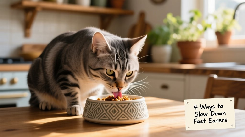 Close-up of a cat mid-meal, gently licking wet food from a slow-feeder bowl