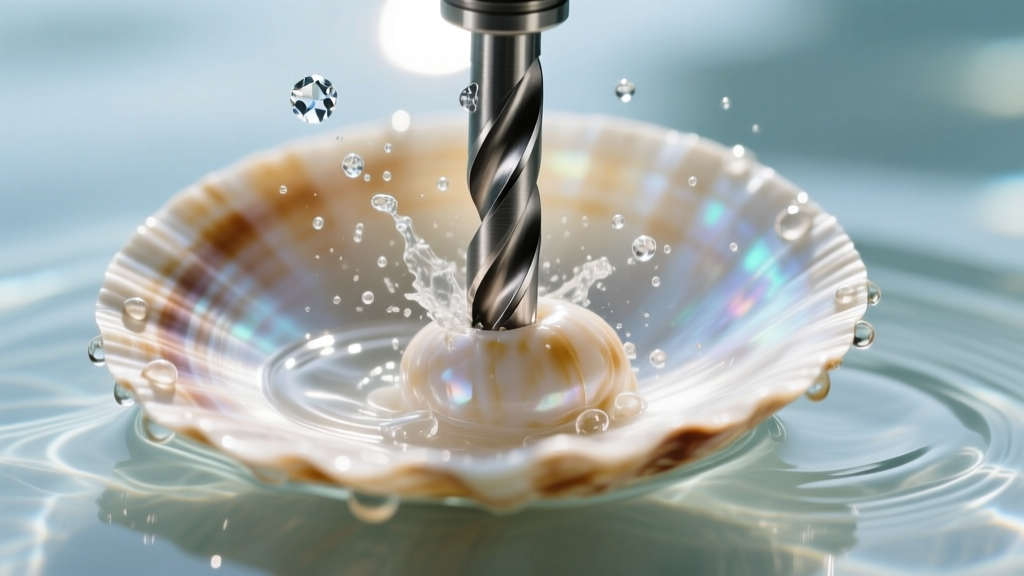 Close-up of a diamond flex shaft drill bit piercing a submerged puka shell in a water bath, showing the precise moment of drilling