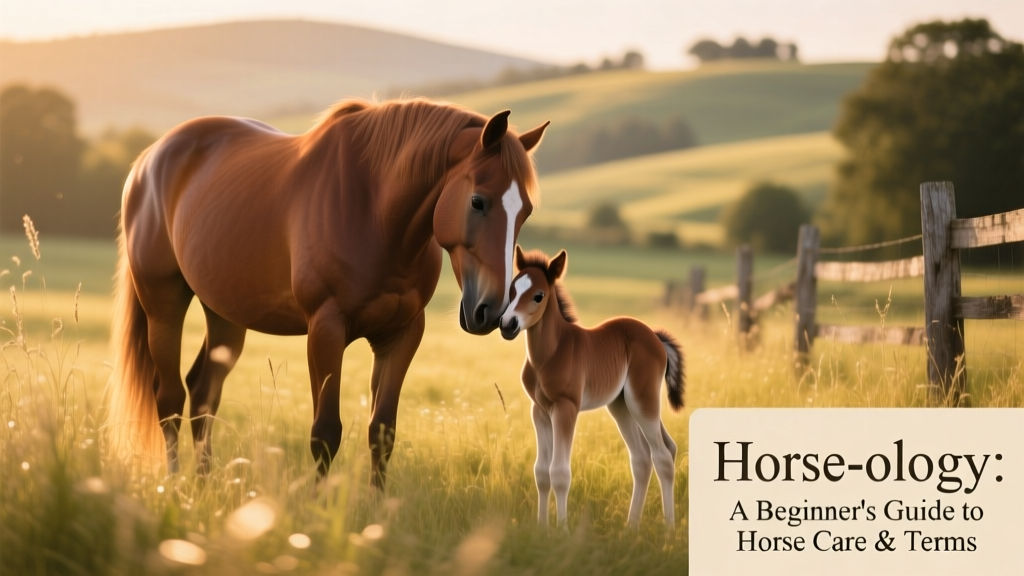 A calm mare gently nuzzling her foal in a sunlit pasture