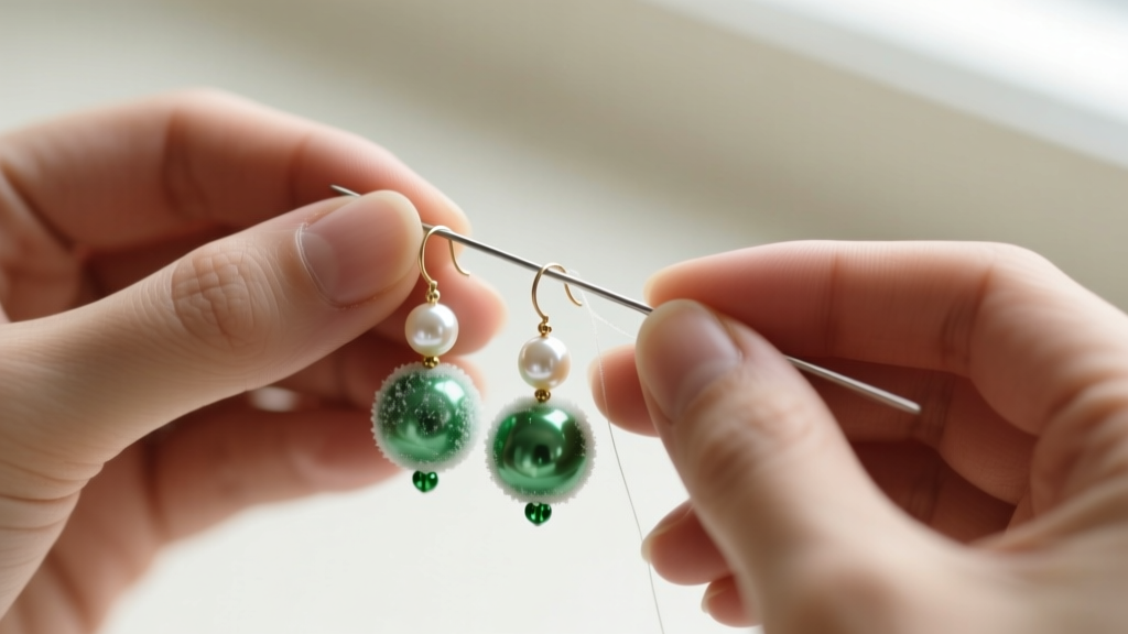 Artisan weaving frosted green Miyuki seed beads and pearls on a silver needle to craft elegant christmas beaded earrings