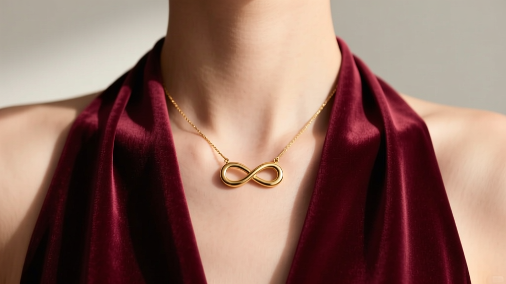 Elegant neck shot of a woman wearing a deep burgundy silk slide necklace knot adorned with a minimalist 14k gold infinity pendant