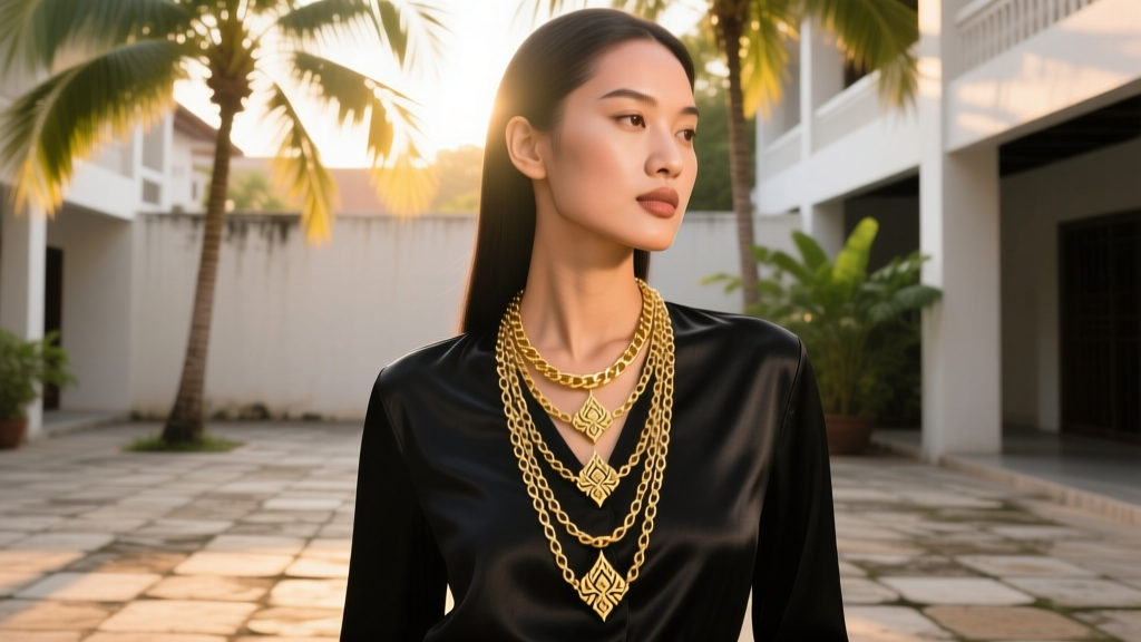 Woman wearing a layered Thai gold chain necklace over a simple black silk blouse, illuminated by soft natural sunlight.
