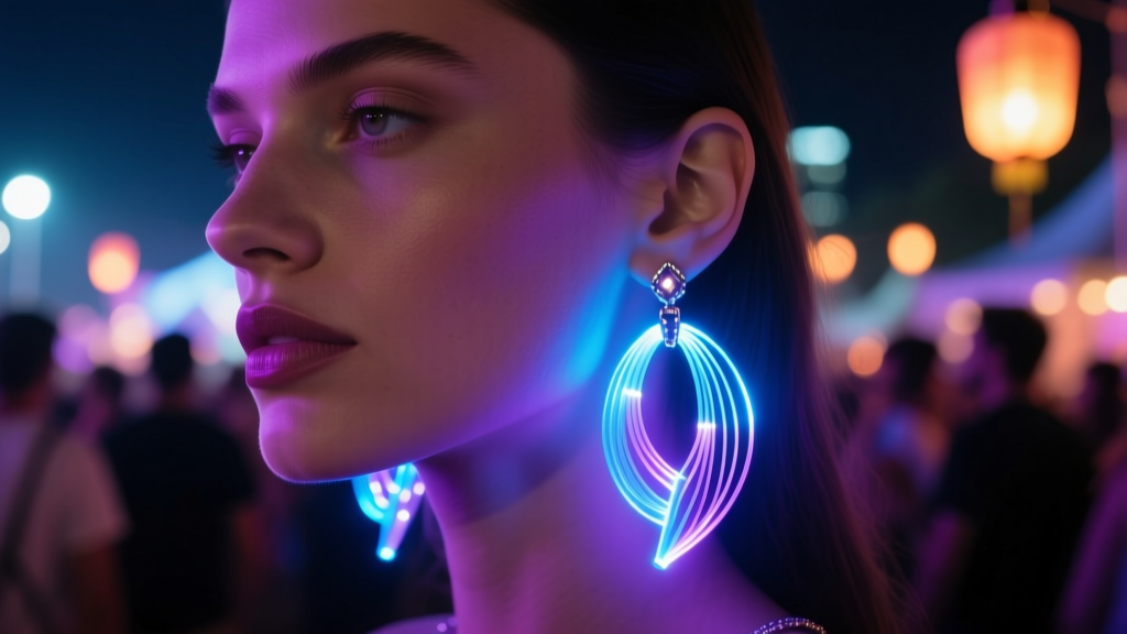 Close-up of glowing fiber optic lighted earrings at a night festival, neon blue and purple hues illuminating the jawline