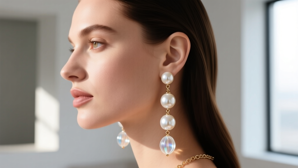 Side profile of a woman wearing heavy roman pearl drop earrings, showing how weighted glass beads drape elegantly on the earlobe