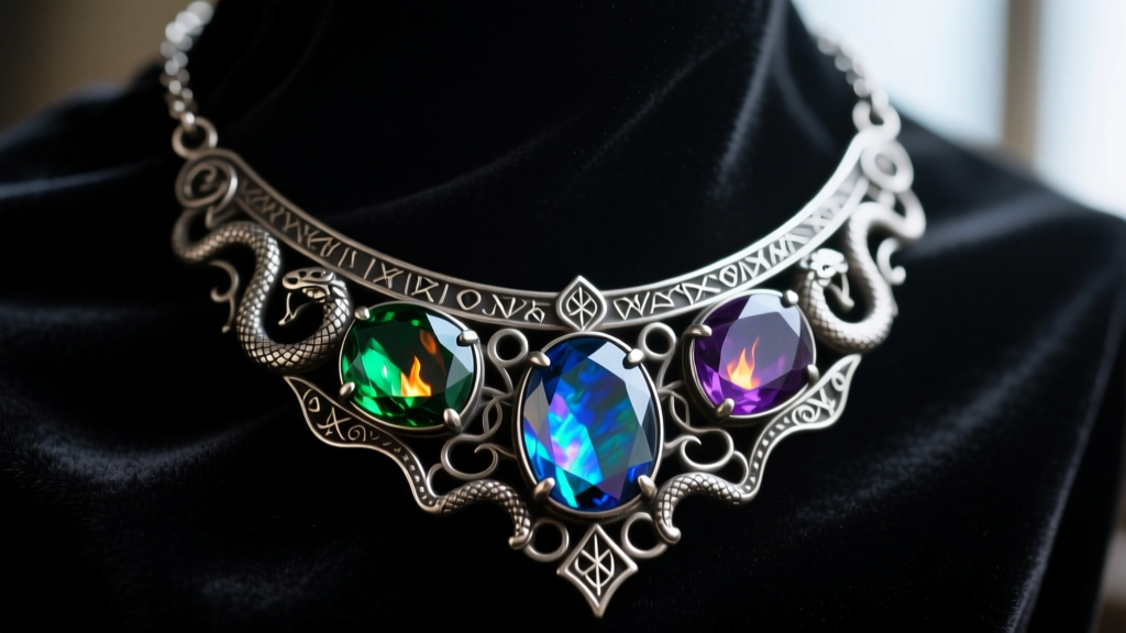 Macro shot of a Harry Potter cursed opal necklace with iridescent stones in oxidized silver and gothic filigree on black velvet.