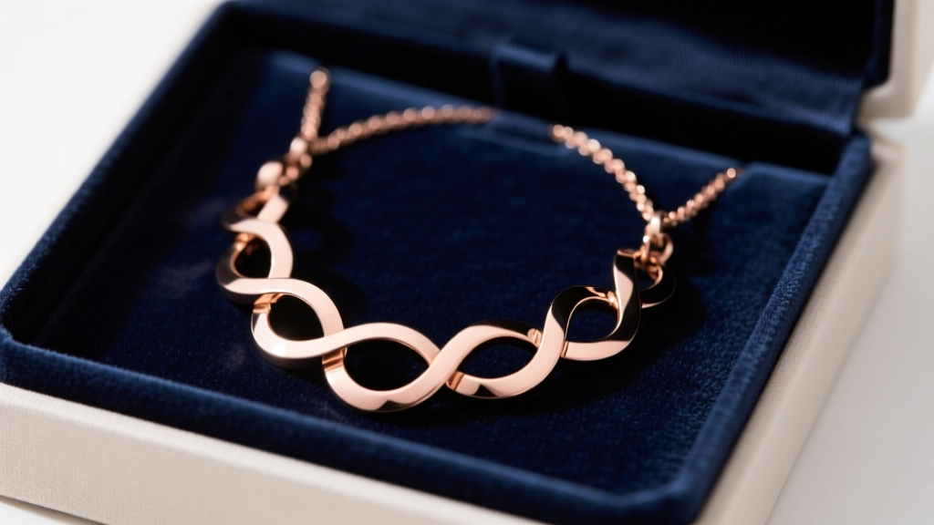 Rose gold unity necklace stored flat in a lined anti-tarnish box, with interlocking rings carefully untangled and laid out neatly