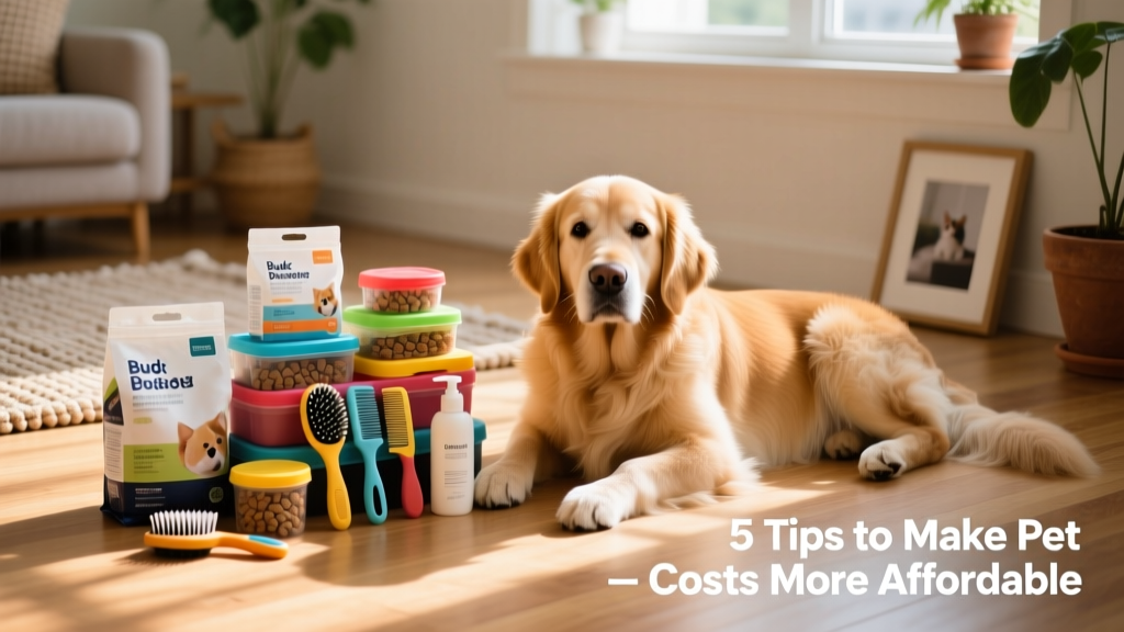 A calm, happy dog resting beside a tidy stack of pet supplies — food bags, treats, and grooming tools — on a sunlit floor