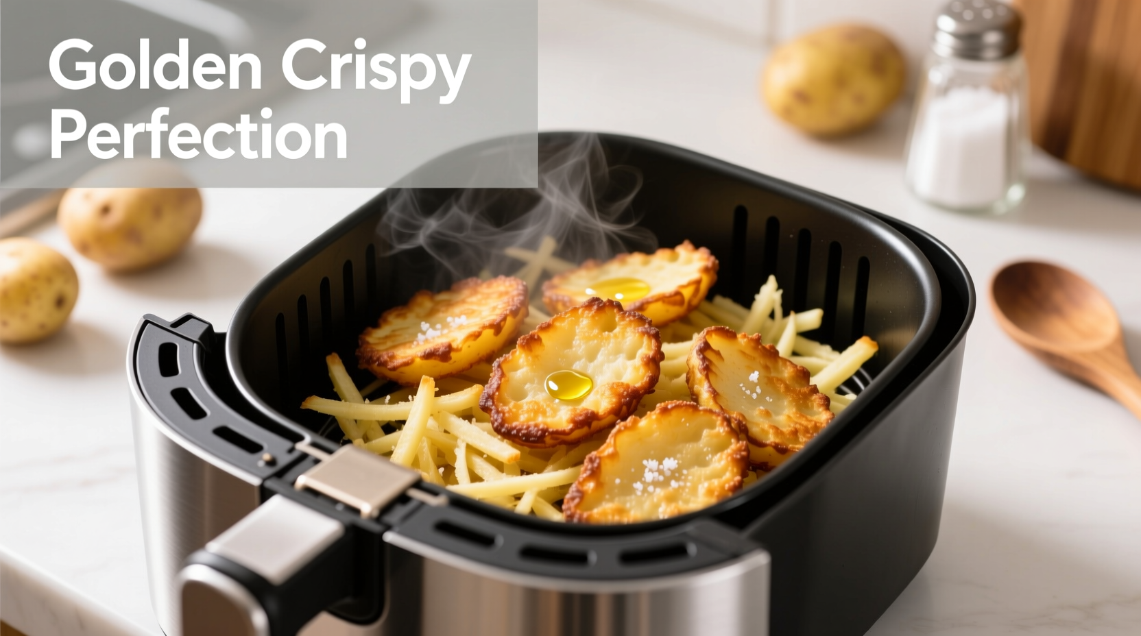 Crispy golden hash browns in air fryer basket