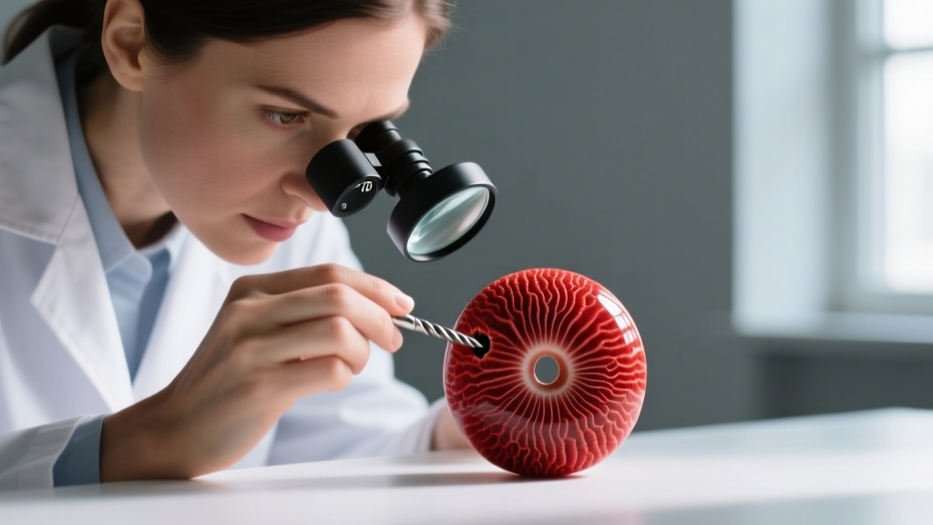 Gemologist using a 10x loupe to inspect a red coral bead drill hole and surface for dye concentration and natural growth lines