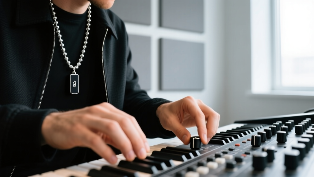 A music producer wearing a silver ball chain with a matte black zinc alloy USB pendant while adjusting knobs on a synthesizer