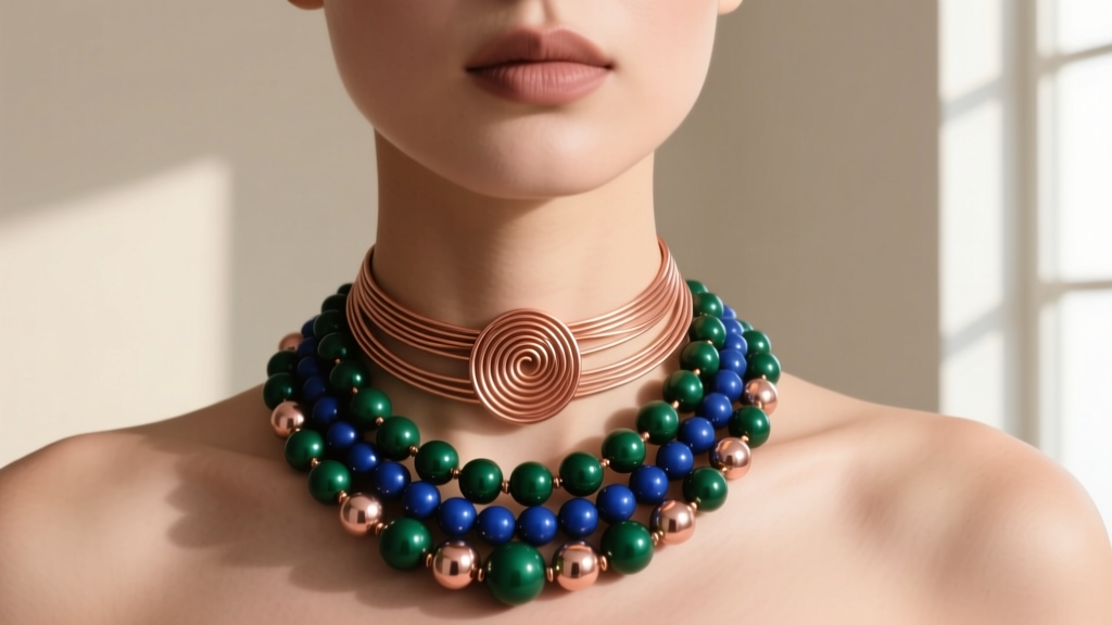 Model wearing a layered safety pin beaded necklace, highlighting the secure wire-wrapped clasp connection at the neck in daylight.