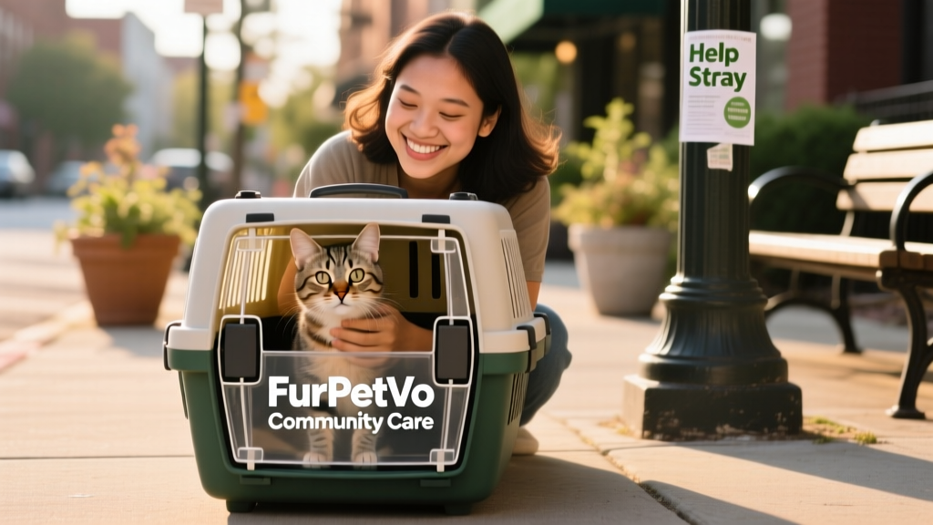 Person gently placing a stray cat into a secure, ventilated carrier labeled 'FurPetVo Community Care'