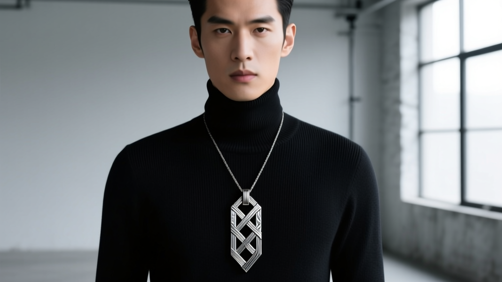 Model wearing a ladder-pattern damascus steel pendant over a dark turtleneck, highlighting avant-garde industrial menswear jewelry