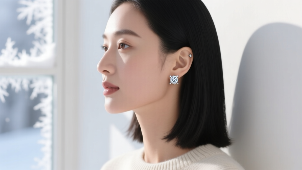 Side profile of a woman wearing 3mm bezel-set lab-grown diamond stud earrings, showcasing a minimalist winter holiday style.