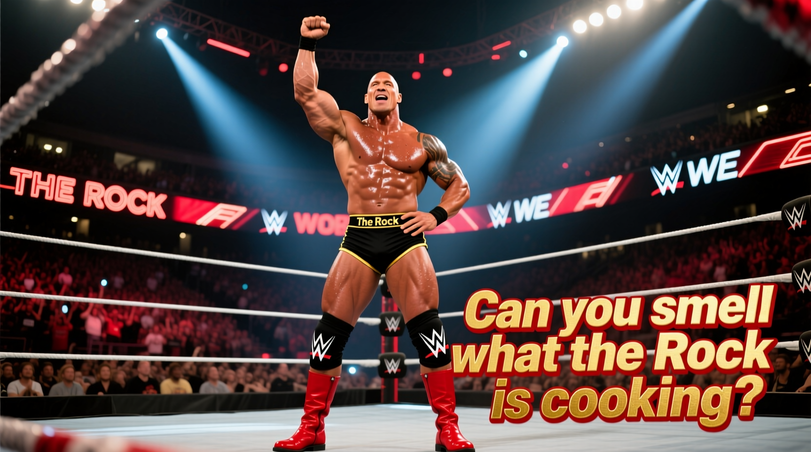 Dwayne Johnson performing his iconic catchphrase in WWE ring