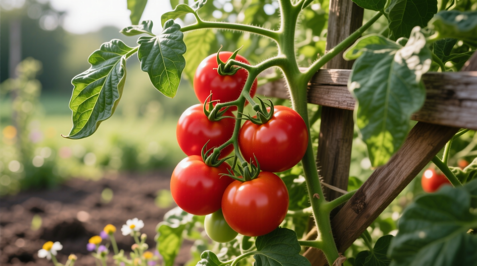Ripe red tomatoes growing on vine with leaves