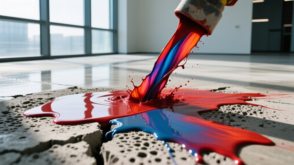 Close-up of vibrant solvent-based dye penetrating a dense, fly-ash enriched concrete floor during polishing in a modern commercial space