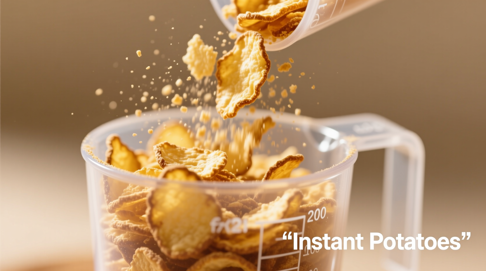 Close-up of golden instant potato flakes in measuring cup