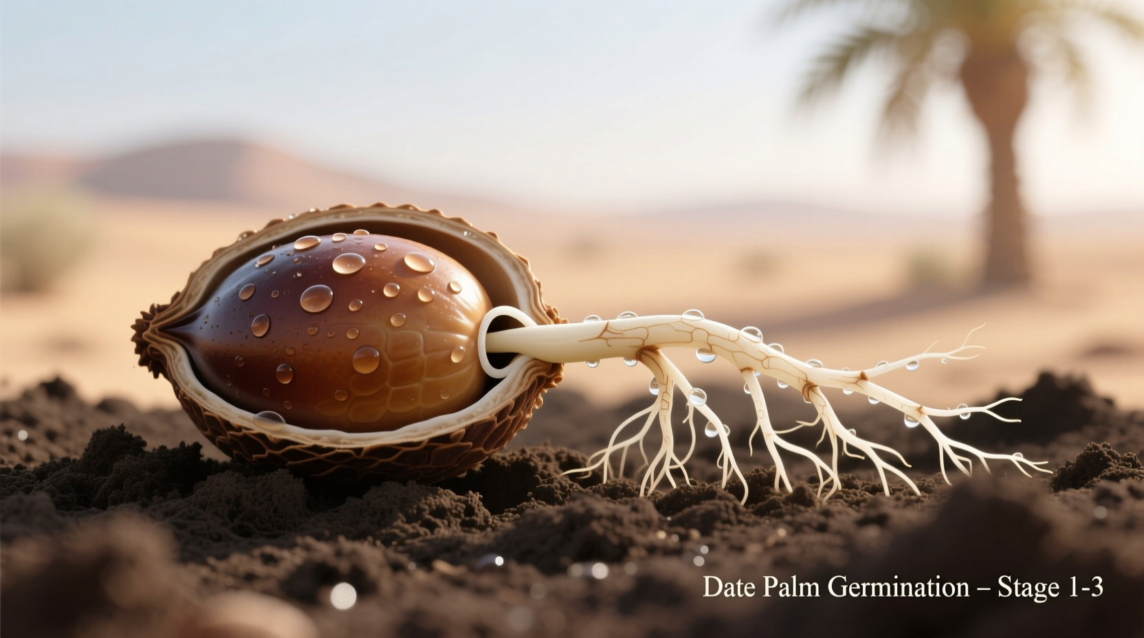 Date palm seed germination process showing root development