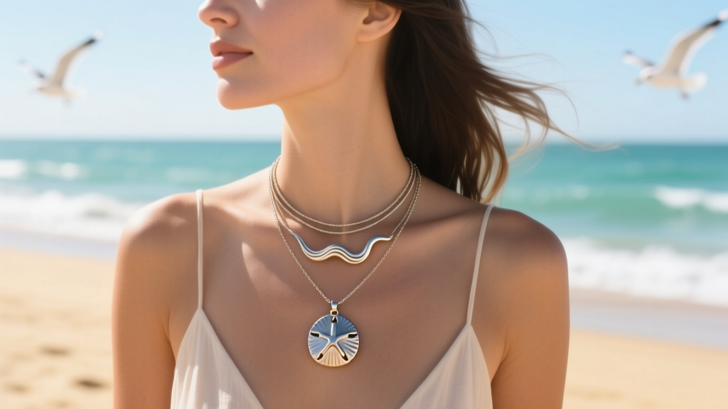 Woman wearing a layered titanium beach charm necklace featuring a matte sand dollar and polished wave pendant in bright sunlight.