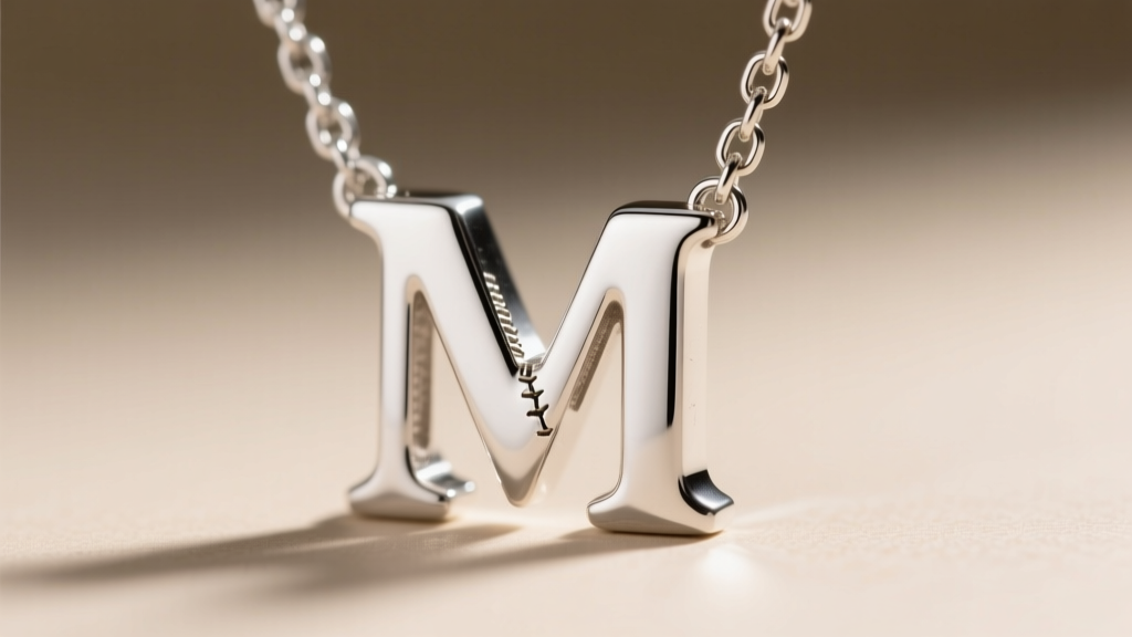 Macro shot of a sterling silver letter M necklace chain connecting to the pendant bail, showing the solder joint and texture.