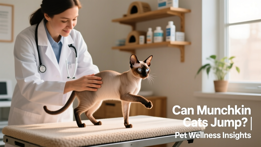 Veterinarian gently assessing a Munchkin cat's hind limb range of motion during a wellness exam