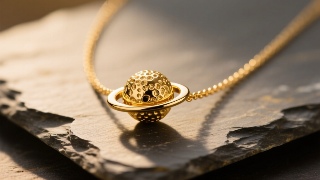 Macro shot of a 14k gold saturn planet necklace on slate, showing the orbiting ring and textured sphere pendant in warm lighting.