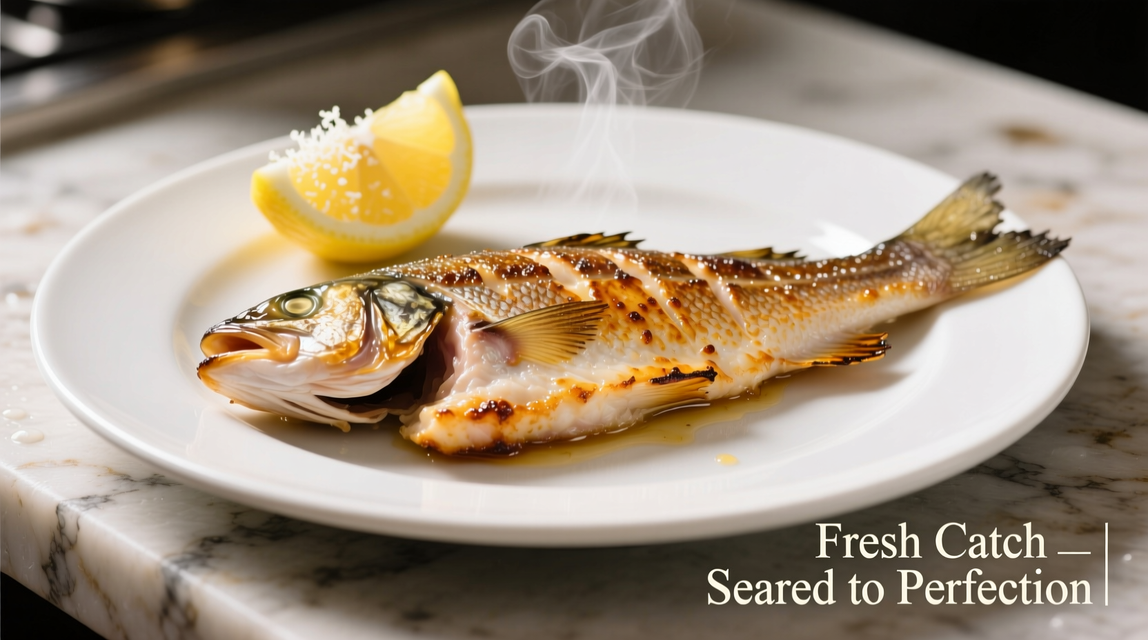 Perfectly seared grouper fillet with lemon garnish