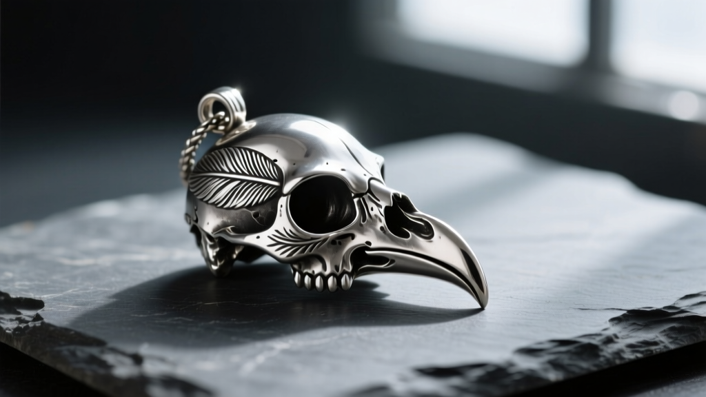 Oxidized silver raven skull pendant on slate showing feather textures and hollow eye sockets under moody directional light.
