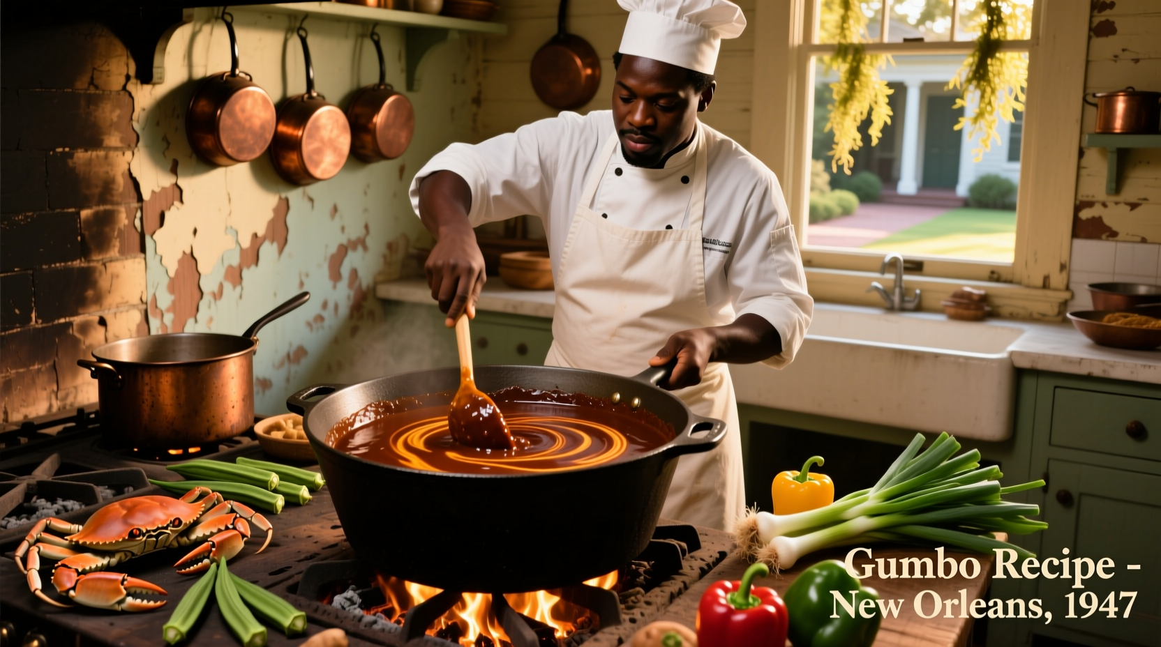 Chef stirring dark roux in cast iron pot for seafood gumbo