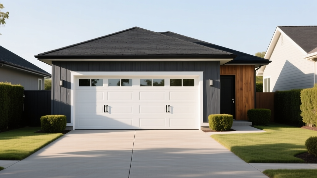 Two-car detached garage with charcoal gray wood siding, white aluminum doors, and asphalt shingle roof in a bright suburban driveway