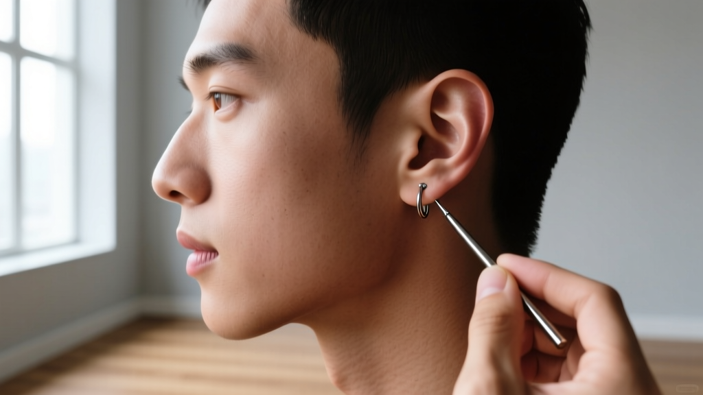 Side profile of a person inserting a titanium taper into a healed earlobe stretch, illuminated by soft natural window light.