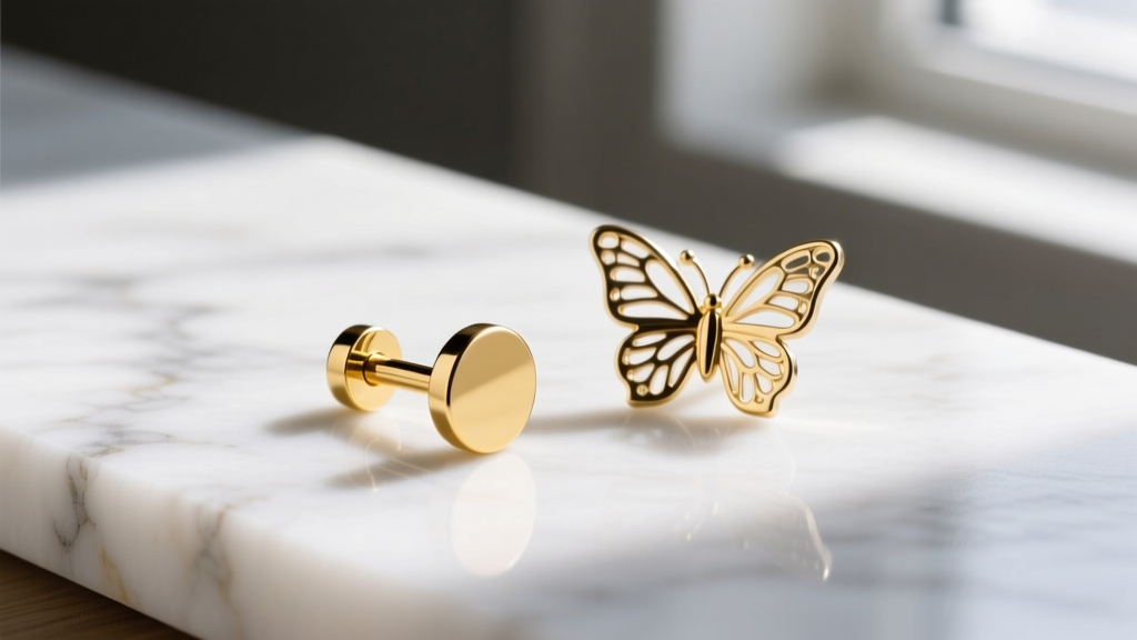 Close-up of a 14k yellow gold flat-back labret earring post next to a traditional butterfly backing on a white marble surface