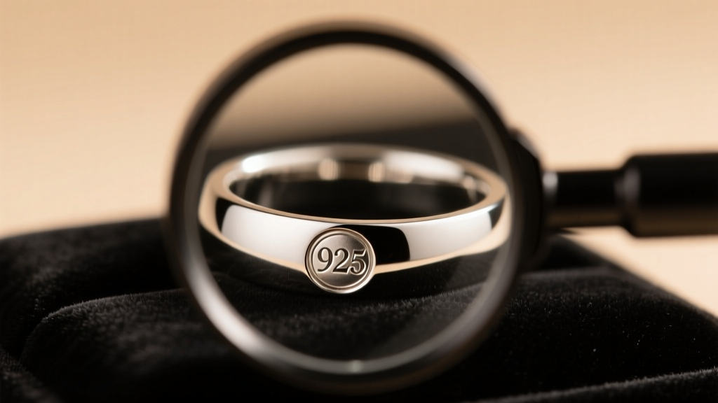 Jeweler's loupe magnifying a 925 hallmark stamped inside a polished sterling silver ring band under soft, warm studio lighting.