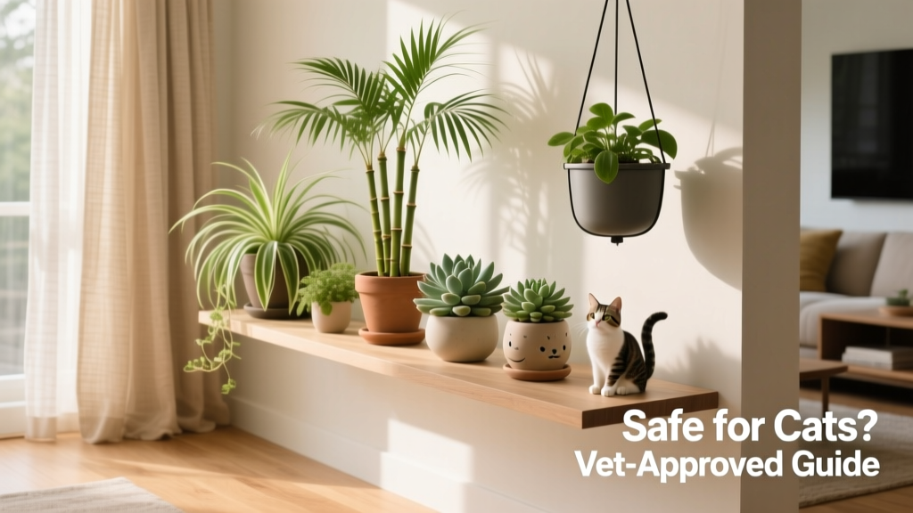 Cat-safe houseplants displayed on a high shelf and hanging planter in a bright living room