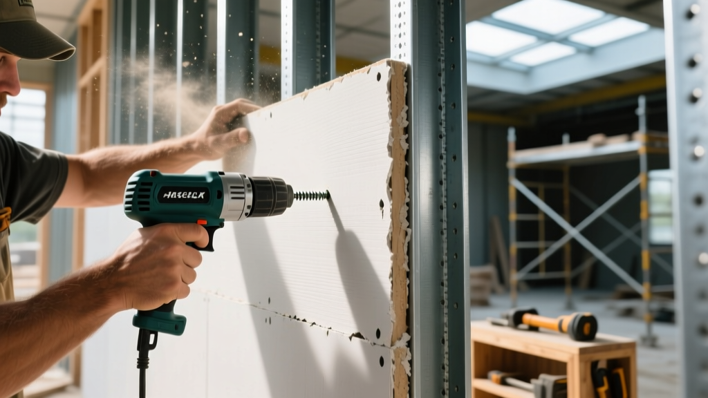 Contractor securing heavy 5/8-inch Type X fire-rated gypsum board to steel studs with a dimpled screw gun on a commercial site