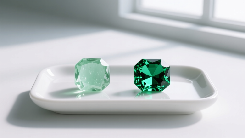 Gemological comparison of pale green prasiolite and vibrant green tsavorite garnet resting on a white ceramic grading tray
