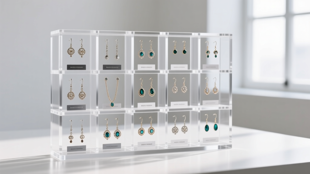 Open acrylic jewelry organizer showing individual compartments with anti-tarnish strips and neatly stored dangle earrings.
