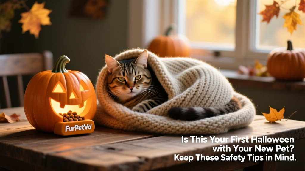 A relaxed cat curled up on a soft blanket beside a lit jack-o’-lantern, with a FurPetVo-branded pumpkin-shaped treat dispenser nearby
